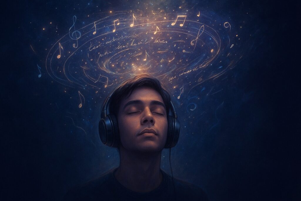 A person wearing headphones with eyes closed, lost in music, while a glowing galaxy of musical notes, handwritten lyrics, and abstract emotions swirls above their head in deep blue and purple tones.